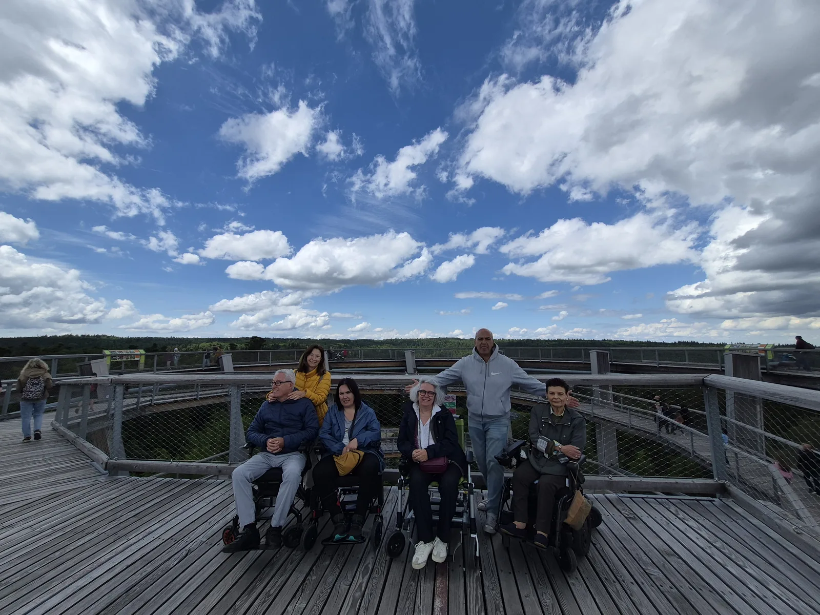 Grupo de personas en una plataforma elevada con pasarela de madera y barandilla, bajo cielo azul nublado. Con vistas panorámicas.